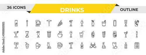 outline drinks icons set - wine toast, coconut drink, boiling. editable vector for web and mobile ui