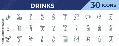 outline drinks icons set - irish sour, glass with wine, caipiroska. editable vector for web and mobile ui