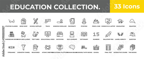 outline education collection. icons set - test tubes, chemistry funnel, two books. editable vector for web and mobile ui