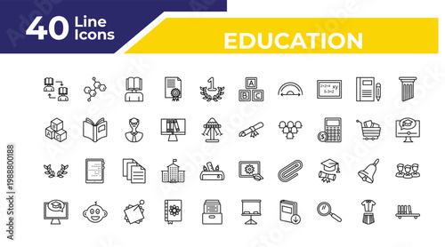 outline education icons set - baby abc cubes, laurel wreath, e learning. editable vector for web and mobile ui