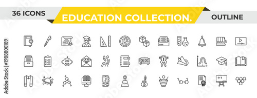 outline education collection. icons set - block with letters, leisure, chemical formula. editable vector for web and mobile ui
