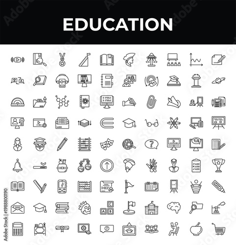 outline education icons set - translator, scholar, small calculator. editable vector for web and mobile ui