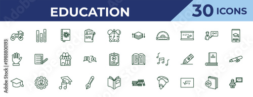 outline education icons set - arrange, raise hand, graduate cap. editable vector for web and mobile ui