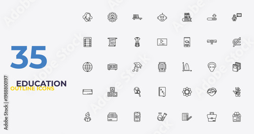 outline education icons set - video tutorials, photon, book shop. editable vector for web and mobile ui