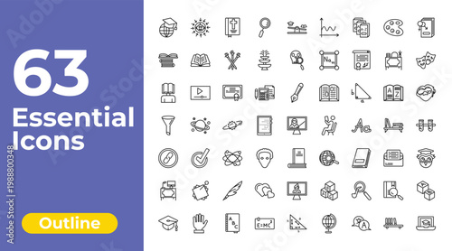 outline e learning and education icons set - magnification lens, paleontology, block with letters. editable vector for web and mobile ui
