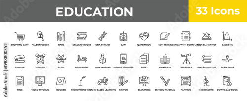 outline education icons set - atom, video tutorial, download book. editable vector for web and mobile ui