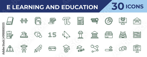 outline e learning and education icons set - adding hine, exam, sociology. editable vector for web and mobile ui