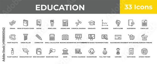 outline education icons set - corrector, graduation hat, atomic theory. editable vector for web and mobile ui