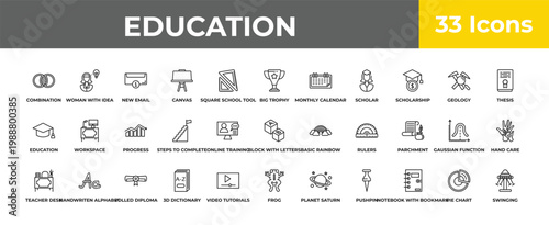 outline education icons set - progress, handwriten alphabet, swinging. editable vector for web and mobile ui