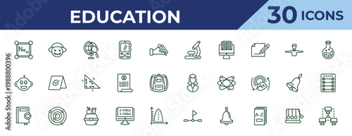 outline education icons set - biology microscope, kid, favorite book. editable vector for web and mobile ui