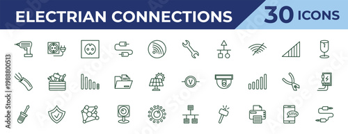 outline electrian connections icons set - wrench, wire, screwdriver. editable vector for web and mobile ui
