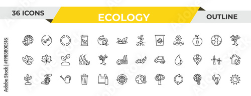outline ecology icons set - plant and root, tree with many leaves, watering can. editable vector for web and mobile ui