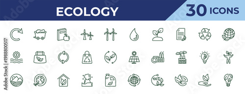 outline ecology icons set - drop, hydraulic energy, landscape image. editable vector for web and mobile ui