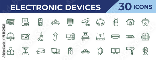 outline electronic devices icons set - video surveillance, headphones, book reader. editable vector for web and mobile ui