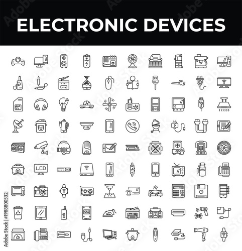 outline electronic devices icons set - cold-pressed juicer, boombox, furnace. editable vector for web and mobile ui