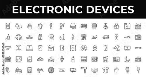 outline electronic devices icons set - satellite dish, photo camera, electric blanket. editable vector for web and mobile ui