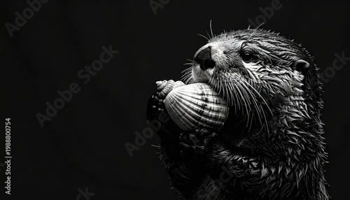 Close-up Black and White Portrait of a Sea Otter Holding a Seashell.