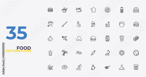 outline food icons set - cooking on the, thermo flask, popcorn shop. editable vector for web and mobile ui