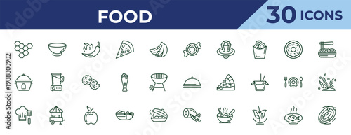 outline food icons set - polvoron, boiler, chef cooking on stove. editable vector for web and mobile ui