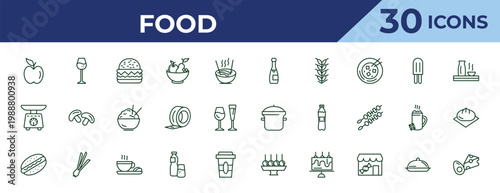 outline food icons set - champagne bottle, scale balanced tool, hotdog. editable vector for web and mobile ui