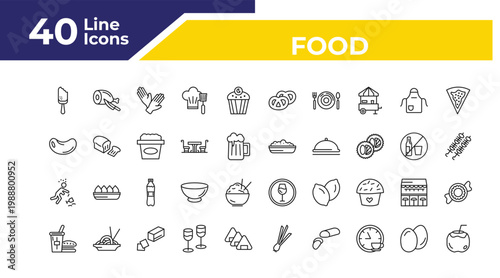 outline food icons set - bean, alcoholic, fast food restaurant. editable vector for web and mobile ui