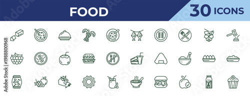 outline food icons set - dried fish, raspberry leaf, treats. editable vector for web and mobile ui