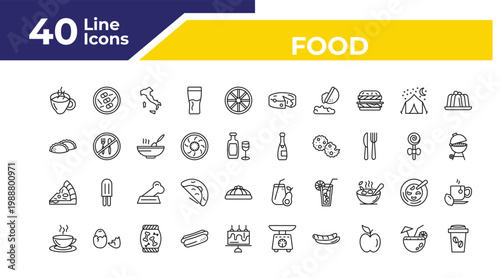 outline food icons set - dumpling, pizza slice cut, hot drinks. editable vector for web and mobile ui