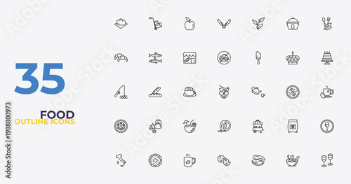outline food icons set - forbidden burguer, snack booth, stemware. editable vector for web and mobile ui