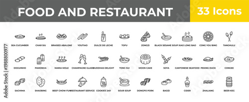 outline food and restaurant icons set - maria mole, shaobing, beer keg. editable vector for web and mobile ui