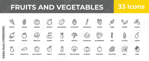 outline fruits and vegetables icons set - broccoli, courgette, corn. editable vector for web and mobile ui
