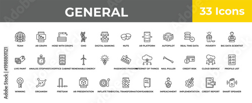 outline general icons set - office cabinet, organism, smart speaker. editable vector for web and mobile ui