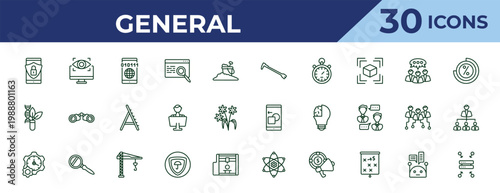 outline general icons set - nail puller, biotechnology, build time. editable vector for web and mobile ui