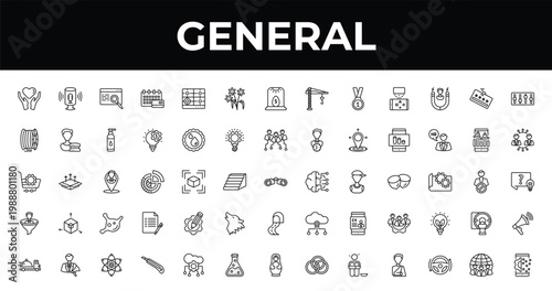 outline general icons set - daisy bouquet, business networking, stationery knife. editable vector for web and mobile ui