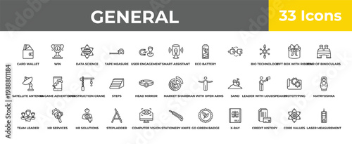 outline general icons set - construction crane, hr services, laser measurement. editable vector for web and mobile ui