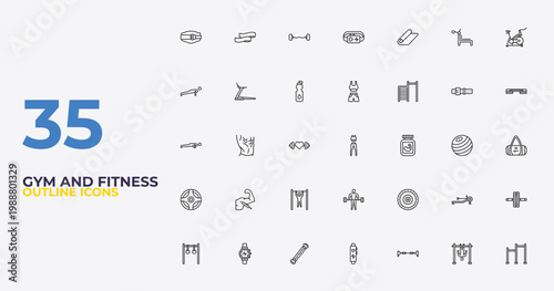 outline gym and fitness icons set - female sportwear, weight drive, gym ladder. editable vector for web and mobile ui