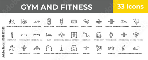 outline gym and fitness icons set - horizontal bar, stick man hoop, resistance band. editable vector for web and mobile ui