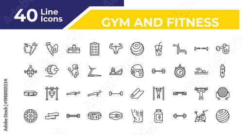outline gym and fitness icons set - trainers, fitness belt, iron shoot. editable vector for web and mobile ui