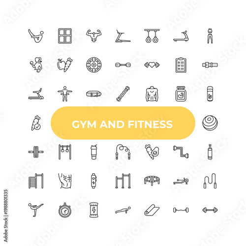 outline gym and fitness icons set - training apparatus, rings exercises, trampoline. editable vector for web and mobile ui