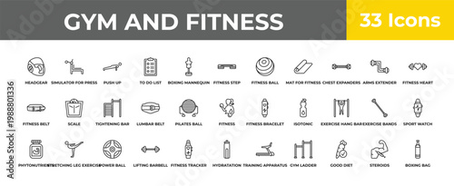outline gym and fitness icons set - tightening bar, stretching leg exercise, boxing bag. editable vector for web and mobile ui
