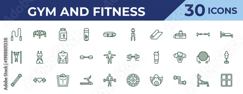 outline gym and fitness icons set - sport wear, exercise hang bar, sport expander. editable vector for web and mobile ui