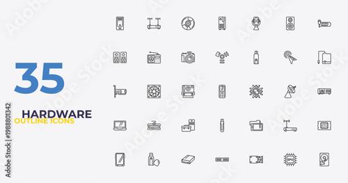 outline hardware icons set - firewire, wacom, harddrive. editable vector for web and mobile ui