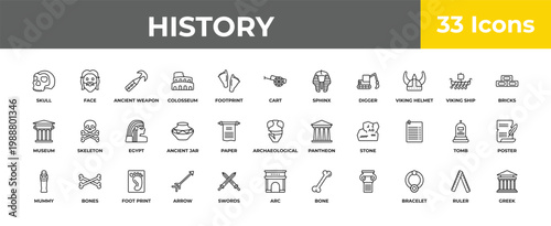 outline history icons set - egypt, bones, greek. editable vector for web and mobile ui