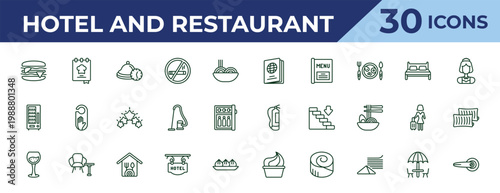 outline hotel and restaurant icons set - passport, vending hine, wine glass. editable vector for web and mobile ui