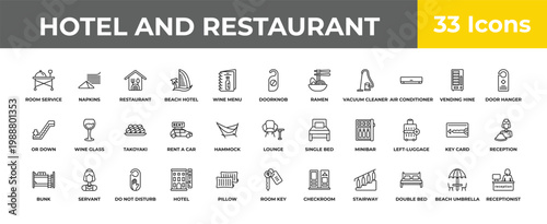 outline hotel and restaurant icons set - takoyaki, servant, receptionist. editable vector for web and mobile ui