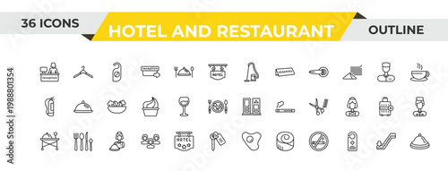 outline hotel and restaurant icons set - vacuum cleaner, wine glass, reception. editable vector for web and mobile ui