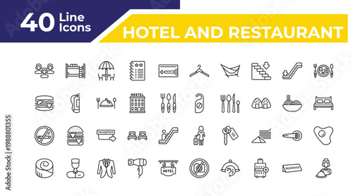 outline hotel and restaurant icons set - sandwich, no smoking, cinnamon roll. editable vector for web and mobile ui