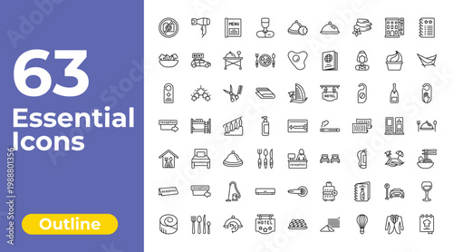 outline hotel and restaurant icons set - valet, fried egg, wine glass. editable vector for web and mobile ui