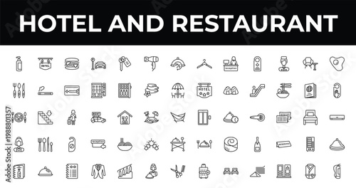 outline hotel and restaurant icons set - hairdryer, do not disturb, suits. editable vector for web and mobile ui