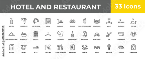 outline hotel and restaurant icons set - hostel, hotel, cookbook. editable vector for web and mobile ui