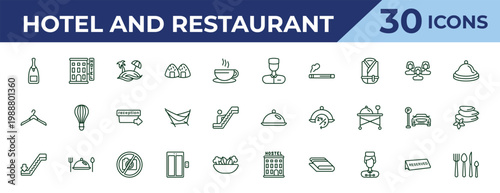 outline hotel and restaurant icons set - valet, hanger, or down. editable vector for web and mobile ui